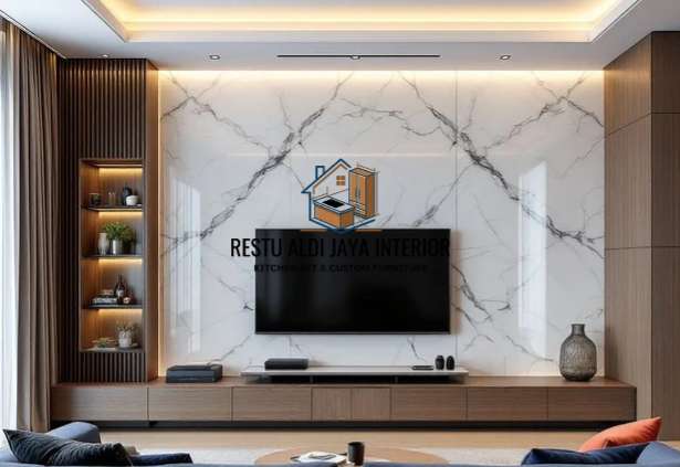 Backdrop tv apartemen Panel Marmer Hpl Murah Mewah